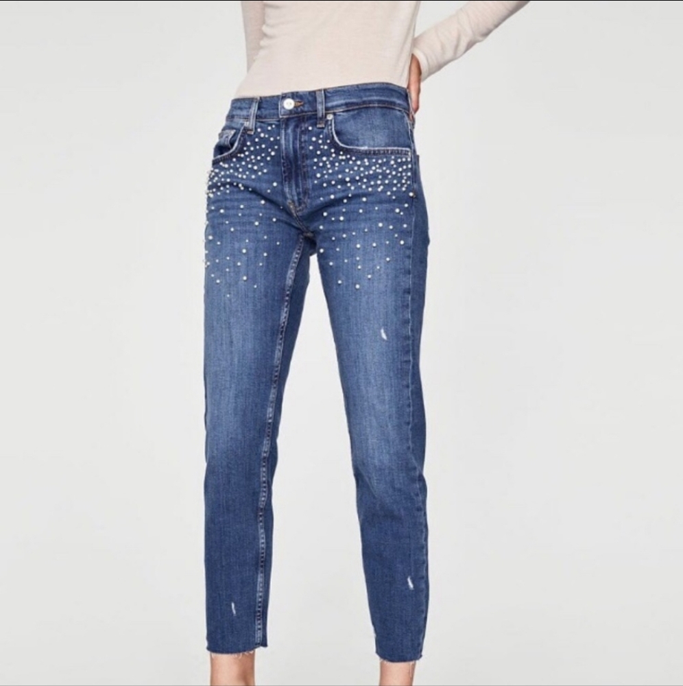Zara Raw Edge Pearl Embellished Jeans